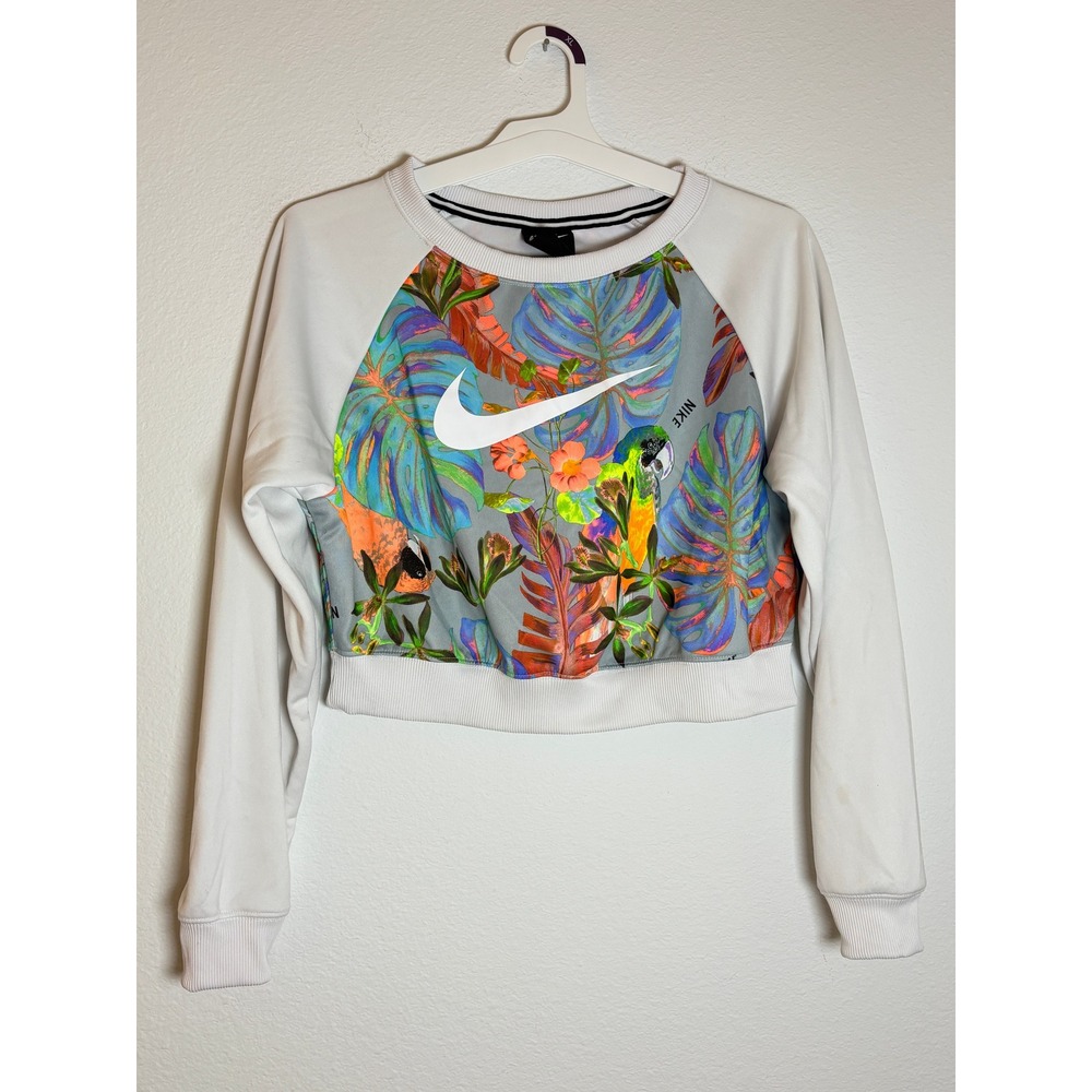 Nike Sportswear Tropical Parrot Print Cropped Sweatshirt White Floral Womens S